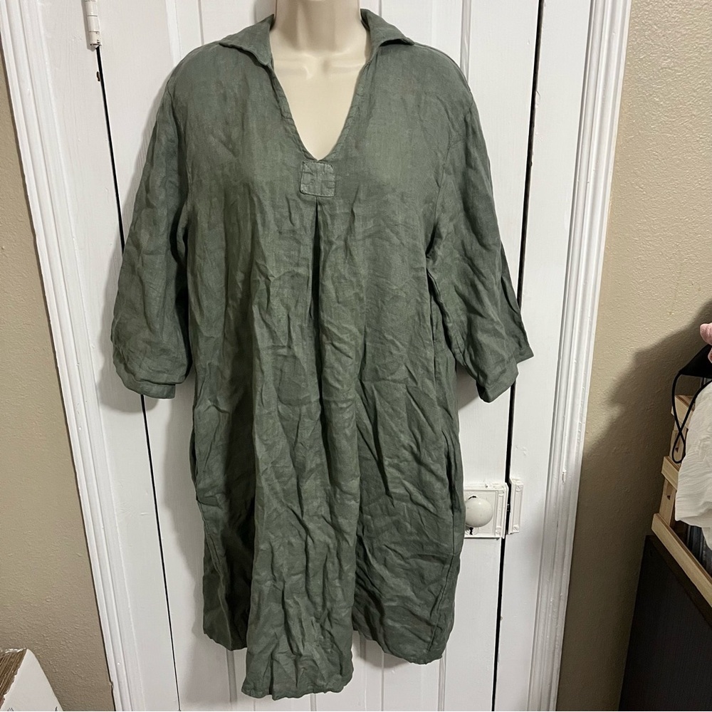 AQRL Collared Tunic Linen Green Made In Italy One Size R2